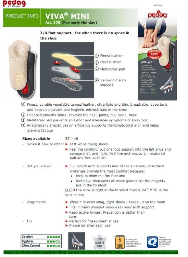 Pedag Viva Mini Orthotic with Semi-Rigid Arch Support, Metatarsal & Heel Pad, Leather, Tan, US W12/M9/EU42 - Image 3